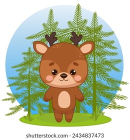 A charming fawn stands in a spruce forest. Deer in kawaii style. Kawaii style. Vector illustration of drawings, prints and patterns. Isolated illustration for children on a white background