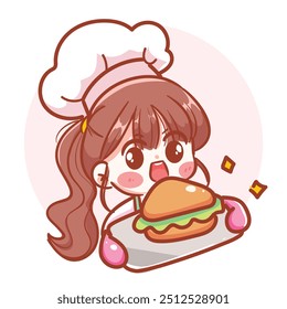 Charming female chef holding a delicious sandwich. Hand-drawn illustration and vector