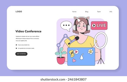Charming female streamer goes live, equipped with cat-ear headphones, broadcasting with microphone and laptop, amid playful stickers and bright lighting. Flat vector illustration.
