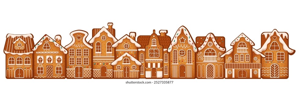 Charming festive gingerbread houses row flat color vector illustration. Town with intricate icing details cartoon composition on white background