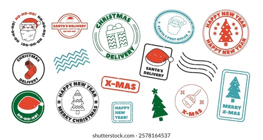 Charming festive grunge Christmas post mail and postcard stamp, santa delivery postmark design set. Winter holidays correspondence emblems and message striped scratched seal vector illustration