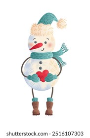 Charming and festive Snowman with a heart perfect for your Winter Holiday Decorations. Cute childrens Christmas character. illustration in watercolor style. For sticker, postcard, design element.