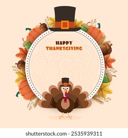 A charming festive thanksgiving greeting. A greeting with turkey, autumn leaves and harvest - themed decorations.