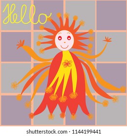 charming figure with flowers and chequered background and hello description vector illustration