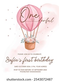 Charming first birthday invitation template featuring a pink hot air balloon, perfect for a sweet and whimsical girl's celebration.