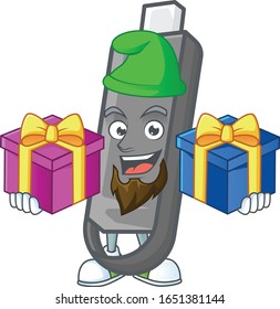 A charming flashdisk cartoon mascot style with two boxes of gifts