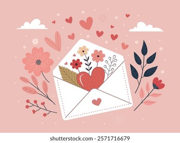 Charming flat artwork of an envelope with a red heart, bursting with stylized flowers and greenery. Set against a pink backdrop, it radiates warmth, love, and romance with a dreamy aesthetic