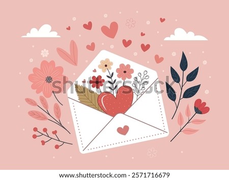 Charming flat artwork of an envelope with a red heart, bursting with stylized flowers and greenery. Set against a pink backdrop, it radiates warmth, love, and romance with a dreamy aesthetic