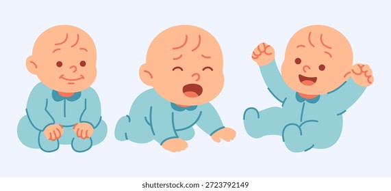 Encantadora ilustración plana de dibujos animados que representa las etapas de desarrollo de un bebé, mostrando expresiones sentadas, gateando y alegres. Perfecto para temas de infancia y crecimiento.