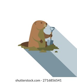 Eine charmante, flache Illustration eines braunen Murmeltiers, auch als Murmeltier bekannt, das aus seinem unterirdischen Graben blickt und eine kleine Schaufel hält, bereit zum Graben.