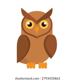 A charming flat design illustration of a brown owl with large yellow eyes and orange feet, presented against a white background.