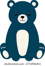 A charming flat design illustration of a dark blue cartoon bear sitting, perfect for children's designs and playful themes.