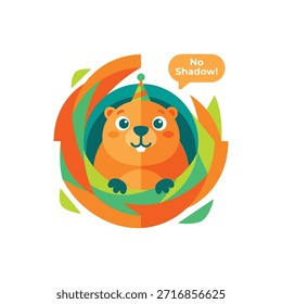 Encantadora ilustración de diseño plano de una marmota feliz de dibujos animados en un sombrero de fiesta, saliendo de su madriguera, declarando alegremente "¡No hay sombra!" para celebrar una primavera temprana.