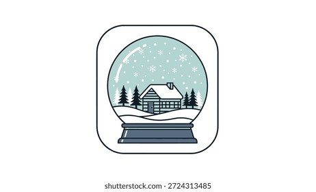 Una encantadora ilustración de diseño plano de un globo de nieve con una acogedora cabaña enclavada entre pinos en un paisaje nevado. Perfecto para invierno y temas de vacaciones.