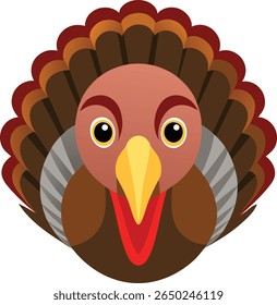A charming, flat design illustration of a turkey's face, featuring large eyes and a prominent beak. The distinctive silhouette style showcases its fanned tail feathers in warm, autumnal colors.