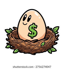Charming flat design vector of a cheerful golden egg with a dollar symbol nestled in a twig nest, ideal for finance, savings, investment, or business marketing materials.