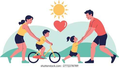 Charming flat design vector of a happy family riding bicycles together at sunset, symbolizing love, health, and outdoor bonding. Ideal for lifestyle ads, wellness campaigns, and family-oriented content.