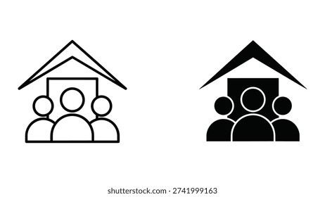 Charming flat design vector illustration of a happy family gathered in front of their cozy home, evoking warmth, unity, and domestic bliss in a minimalist style.