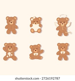 Una encantadora colección de ilustración plana de lindos osos de peluche de dibujos animados con dulces temas de amor. Con osos cupido, arcos, alas y halos, perfectos para el Día de San Valentín, tarjetas de felicitación, baby showers, cumpleaños, aniversarios y diseños infantiles.