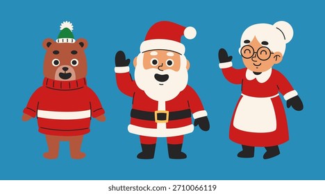 Encantadora ilustración plana con Santa Claus, la Sra. Claus y un oso amigable. Perfecto para saludos navideños, diseños festivos y proyectos infantiles.