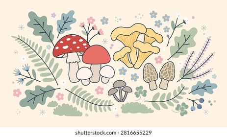 A charming flat illustration featuring a variety of colorful mushrooms including fly agaric, chanterelles, and morels, nestled among green leaves, delicate flowers, and berries on a light background, evoking a whimsical forest floor scene.