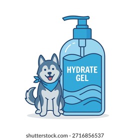 A charming flat illustration of a happy husky dog in a bandana, sitting beside a large pump bottle of blue hydrating gel, symbolizing care and freshness.