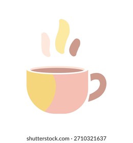 Una encantadora ilustración plana de una taza de bebida caliente con vapor colorido, representada en un estilo moderno y minimalista sobre un fondo blanco.