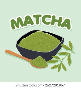 Charming flat illustration of matcha powder, spoon, and green tea leaves, great for tea, wellness, and culinary content