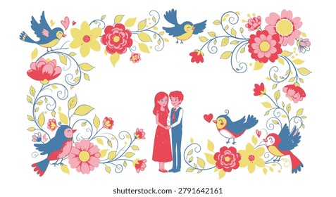 Charming flat illustration of a romantic couple surrounded by colorful flowers and singing birds. Ideal for wedding invitations, Valentine's Day cards, and romantic graphic designs.
