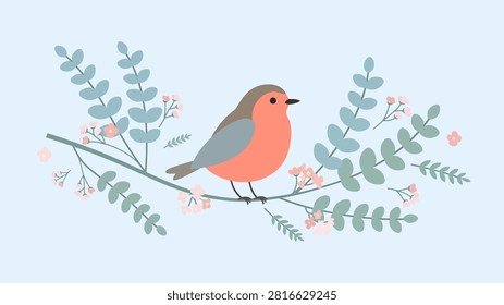 A charming flat illustration of a small bird with a coral chest perched on a delicate branch adorned with blue-green leaves and tiny pink flowers against a soft blue background.