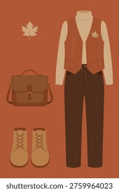 A charming flat lay of a child's autumn outfit, including a shirt, vest, trousers, satchel, boots, and a maple leaf.