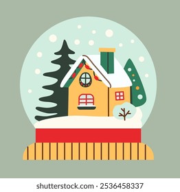 Charming flat style illustration of a Christmas snow globe featuring a cozy winter house surrounded by snow, trees, and holiday decorations. Perfect for holiday cards, decor, and festive designs.