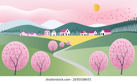 A charming flat style spring landscape featuring pink blossoming trees, rolling green hills  and a row of small village houses.
