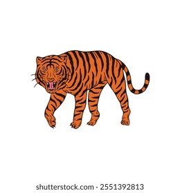 Charming Flat Vector Art of a Tiger Animal in Motion, Against a Crisp White Background for Modern Design Projects