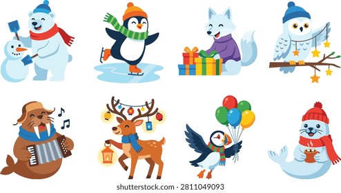 A charming flat vector collection featuring adorable winter animals enjoying festive seasonal activities, including a polar bear, penguin, arctic fox, snowy owl, walrus, reindeer, puffin, and seal. Perfect for Christmas cards, children's books, winter decorations, holiday marketing, nursery designs, stickers, educational materials, and seasonal branding.