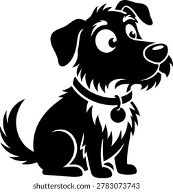 A charming flat vector graphic of a scruffy, black puppy sitting down in a relaxed pose. The character design features large, expressive cartoon eyes, a fluffy white chest patch, a short curled tail, and a neat collar with a round tag. Soft white highlights accent the fur outline, giving the character a friendly, animated look. This isolated vector emblem is ideal for pet food logos, veterinary clinic icons, dog grooming salon branding, or nursery wall art.