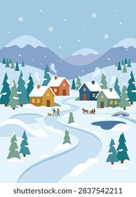 A charming flat vector illustration of a cozy winter village nestled in snowy mountains with pine trees, a winding path, and people walking.