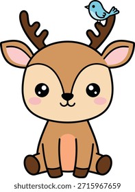 Uma encantadora ilustração vetorial plana de um lindo cervo bebê sentado com um passarinho azul em seu chifre. Perfeito para decoração infantil, impressões infantis e projetos de artesanato DIY.

