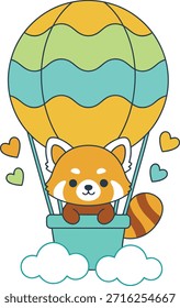 A charming flat vector illustration of a cute red panda traveling in a colorful wavy hot air balloon with hearts and clouds. Perfect for nursery decor and stickers.
