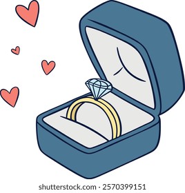  Charming flat vector illustration of an engagement ring with a diamond in a blue jewelry box, surrounded by love hearts. Perfect for romantic themes, wedding invitations, or Valentine’s Day designs.