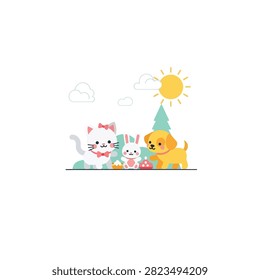 A charming flat vector illustration featuring a white cat with a red bow, a small white rabbit, and a yellow puppy playing together outdoors. The scene includes a bright sun, fluffy clouds, a green pine tree, and a rolling hill, creating a cheerful and friendly atmosphere for children's content.