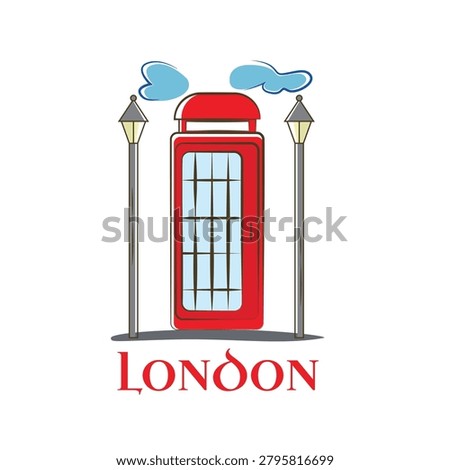 A charming flat vector illustration featuring the iconic red London telephone booth surrounded by classic street lamps and stylized clouds. This British landmark design is perfect for travel themes, tourism promotions, postcards, educational materials, souvenirs, branding, posters, and editorial or commercial projects.