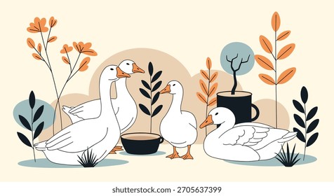 Una encantadora Ilustración vectorial llana de cuatro gansos blancos descansando en un entorno natural estilizado con plantas y Formas abstractas.