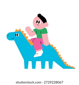 Encantadora Ilustración vectorial plana de un niño feliz montado en la parte posterior de un simpático dinosaurio azul, que simboliza la imaginación, la aventura, el descubrimiento prehistórico y la alegría de la infancia en un estilo moderno limpio adecuado para la decoración de la guardería, la marca de los niños y los materiales educativos.