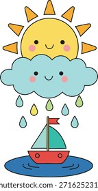 A charming flat vector illustration of a smiling sun and happy rain cloud over a small sailboat. Perfect for children educational prints, stickers, and nursery art.
