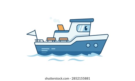 A charming flat vector illustration of a tiny ferry boat character. The boat features a blue and white color scheme, an orange chimney emitting smoke, a small pennant flag, and stylized windows. It is shown cruising over simple light blue water waves against a clean white background.