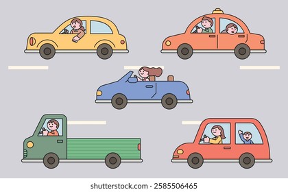 A charming flat vector illustration of various vehicles, including a taxi, convertible, pickup truck, and family car, featuring smiling drivers and passengers. Designed in a cute pastel line art style