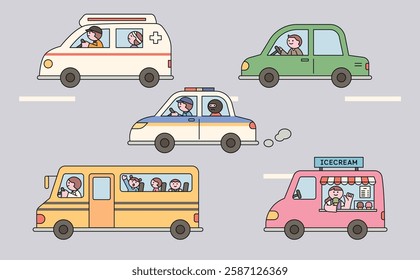 A charming flat vector illustration of various vehicles, including a police car, ambulance, school bus, and ice cream truck, featuring happy passengers and drivers.