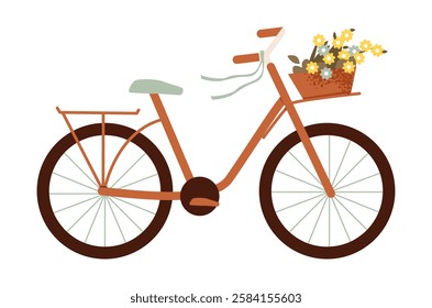 A charming flat vector illustration of a vintage bicycle with a basket flowers. Beauty of spring.