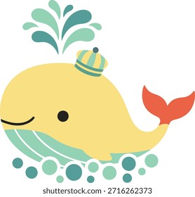 A charming flat vector illustration of a yellow whale with a crown and water spout. Perfect for children's stationery, baby shower invitations, and nursery wall art.
